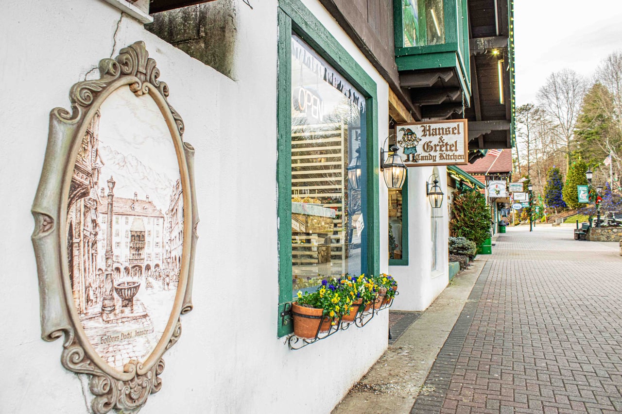 Outside of 8651 N Main St. Helen, GA Hansel and Gretel Candy Kitchen Helen Georgia